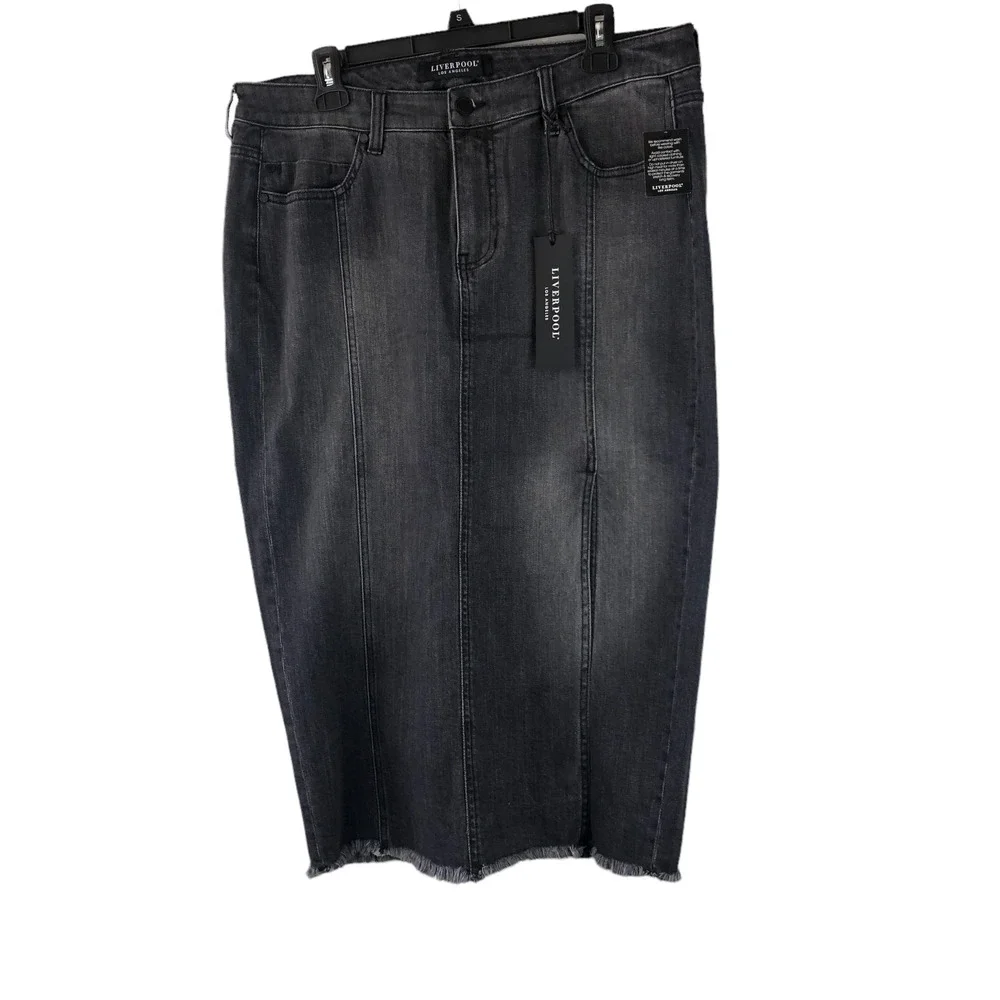 NWT Liverpool High Rise Denim Skirt W/ Slit Frayed Hem 29" Black Midi Size 14 - Picture 5 of 7